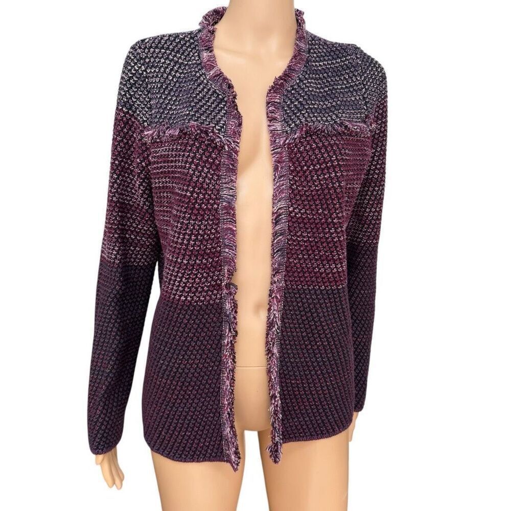 Chico's Marled Fringe cotton blend open front Cardigan Sweater size 1/M